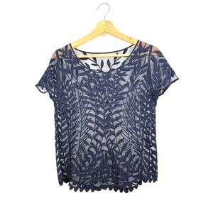 Women's Navy Floral Sheer Short Sleeve Blouse, Size Small‎